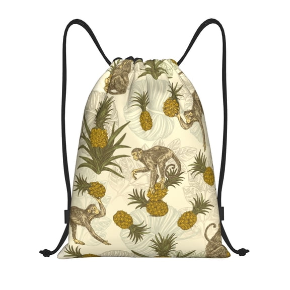 Fuzoiu Monkeys and Pinealpples Print Drawstring Backpack for Gym, Travel, Yoga,Sports Sackpack String Bag for Women Men-Medium