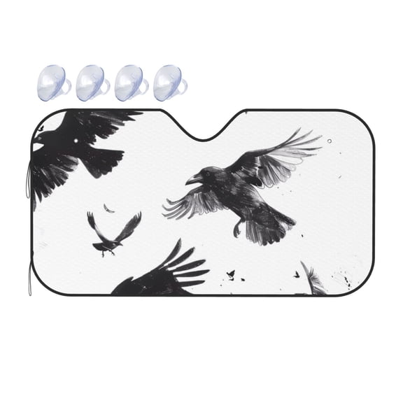 Fuzoiu Monochrome Flying Ravens Print Car Windshield Sunshade,Foldable Reflective Sun Visor,Windshield Sun Shade,UV Rays Sun Visor Shade,Auto Front Sun Shield Shade-Medium