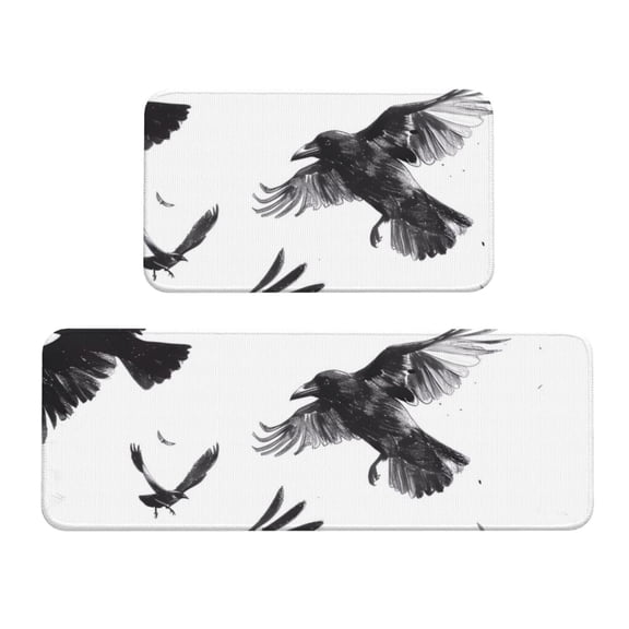 Fuzoiu Monochrome Flying Ravens Print Kitchen Floor Mat 2 Sets,Kitchen Rugs and Mats,,Non Skid Waterproof Kitchen Floor Mat for Kitchen,Home Office,Sink,Laundry