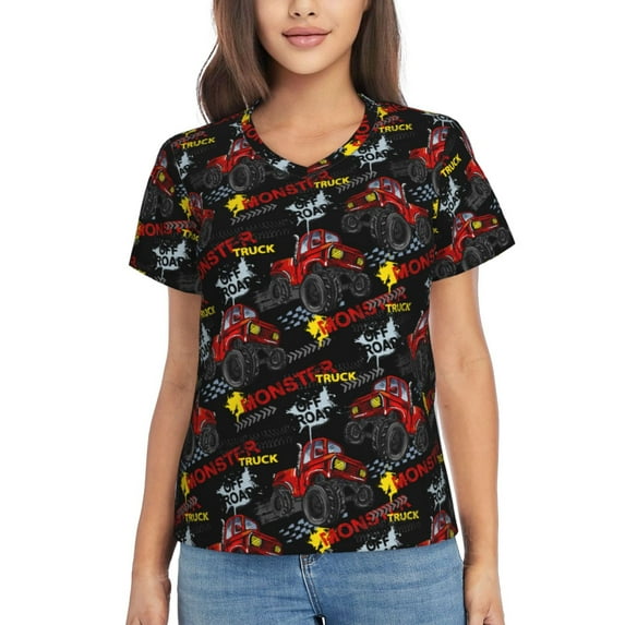 Fuzoiu Monster Truck Print Women's Classic V-Neck T-Shirt, Short Sleeve V Neck Tees for Casual Everyday Wear,Casual Fit Tee,Summer Fashion Tops-Large