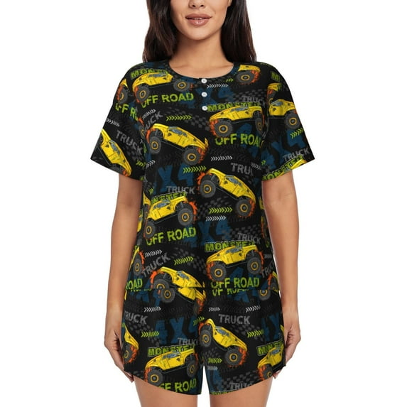 Fuzoiu Monster Truck1 Print Women's Short-Sleeved Pajama Set,Lounge Sleepwear Set,Womens Pajama Sets 2 Piece,Button-Up Top and Shorts with Pockets-Small