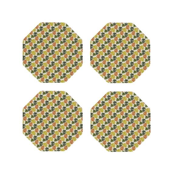 Fuzoiu Monstera Leaves Print Leather Coasters Set,Drink Coasters Set of 4,for Tabletop Protection, Durable PVC Coasters,Home Décor and Housewarming Gift-Octagon