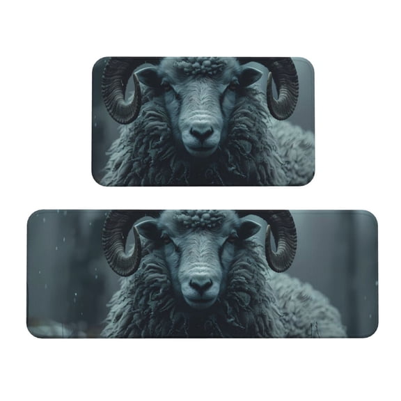 Fuzoiu Moody Ram Portrait Print Kitchen Floor Mat 2 Sets,Kitchen Rugs and Mats,,Non Skid Waterproof Kitchen Floor Mat for Kitchen,Home Office,Sink,Laundry