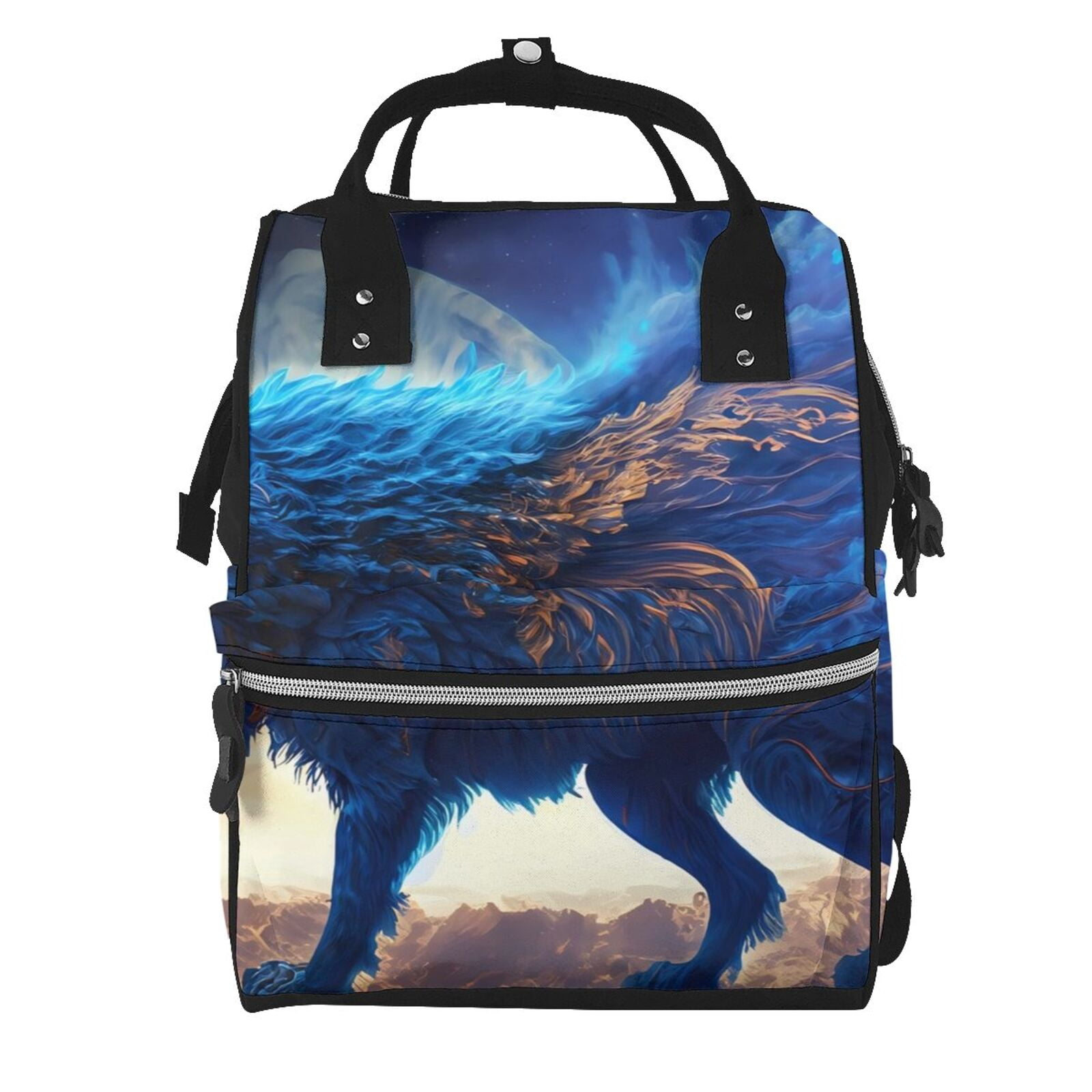 Fuzoiu Moonlit Blue Wolf Print Diaper Bag Backpack,Baby Essentials Travel Tote,Multi function Waterproof Diaper Bag, Travel Essentials Baby Bag - Unisex