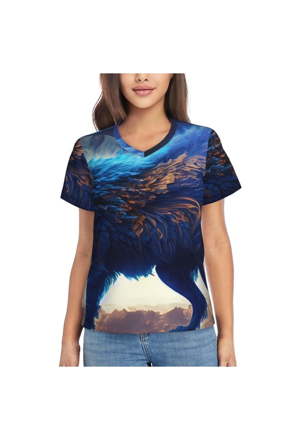 Moonlit Blue Wolf Print Women's Classic V-Neck T-Shirt, Short Sleeve V Neck Tees for Casual Everyday Wear,Casual Fit Tee,Summer Fashion Tops-Small