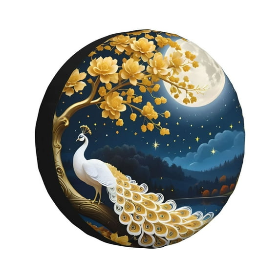 Fuzoiu Moonlit Golden Tree Peacock Print Universal Spare Tire Cover with Buckle Strap, Waterproof Wheel Covers for Jeep, Trailer, RV, Truck and All Car-15 inch