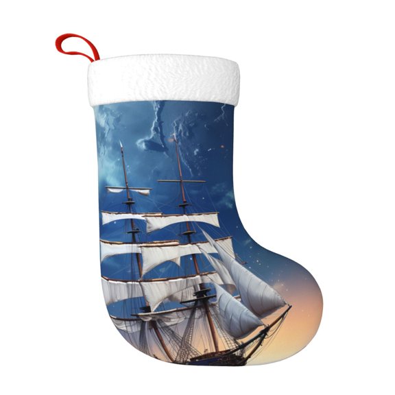Fuzoiu Moonlit Night Sea Sailboat Print Christmas Stockings, Party Supplies & Kids Gifts,Big Xmas Stockings Decoration for Family Decorations Hanging Ornament for Xmas Holiday Party