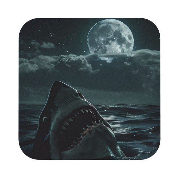 Fuzoiu Moonlit Night Sky Shark Print Leather Coasters Set,Drink Coasters Set of 6,for Tabletop Protection, Durable PVC Coasters,Home Décor and Housewarming Gift,Square