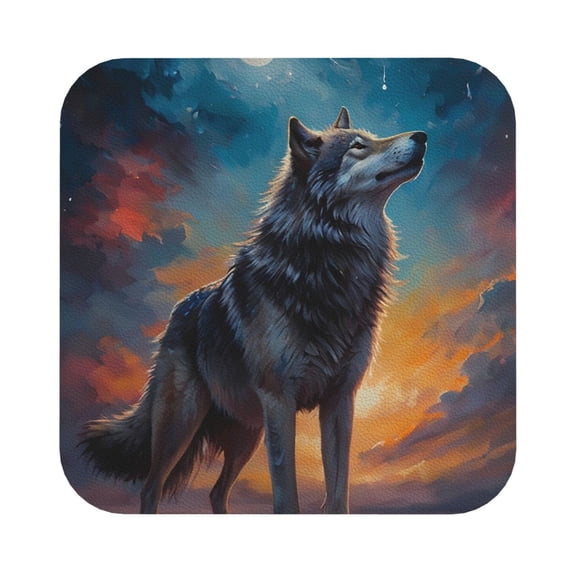 Fuzoiu Moonlit Night Sky Wolf Print Leather Coasters Set,Drink Coasters Set of 6,for Tabletop Protection, Durable PVC Coasters,Home Décor and Housewarming Gift,Square