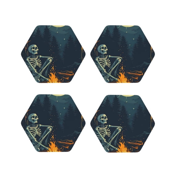 Fuzoiu Moonlit Skeleton Campfire Print Leather Coasters Set,Drink Coasters Set of 4,for Tabletop Protection, Durable PVC Coasters,Home Décor and Housewarming Gift-Hexagon