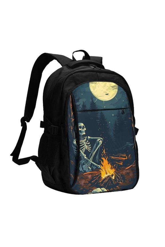 Moonlit Skeleton Campfire Print USB Backpack with Charging Port,Laptop Backpack,Business Travel Durable Laptops Backpack, for School, Work, Travel & Outdoor Activities