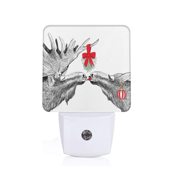 Fuzoiu Moose Kissing Under Mistletoe Print Dusk to Dawn LED Night Light with Light Sensor, Energy-Efficient Touch-Safe Night Lamp for Home, Office, and Kids' Rooms-US