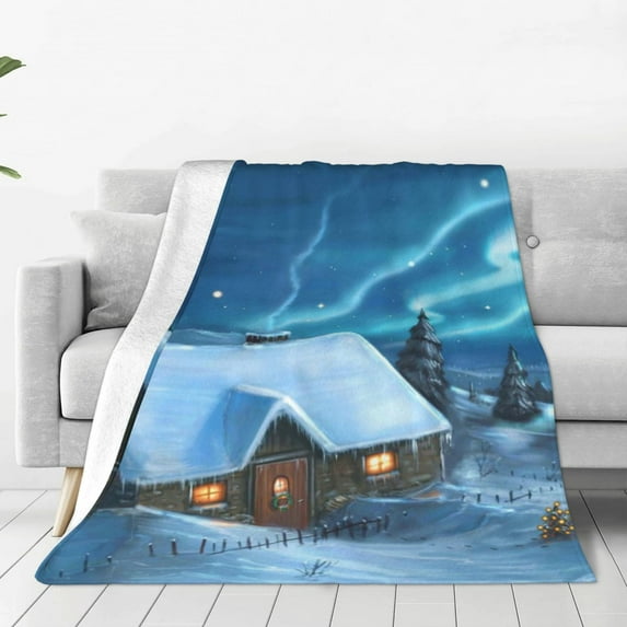Fuzoiu Mountain Cottage In Snow Print Ultra-Soft Micro Fleece Blanket,All Seasons Flannel Throw, Lightweight Blanket for Bed, Sofa, Couch, Movie Night, Camping, and Travel-60"x50"