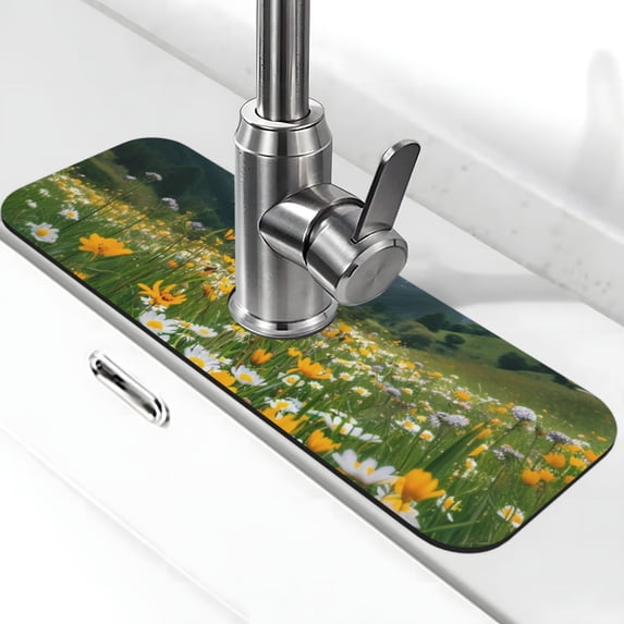 Fuzoiu Mountain Daisy Meadow Print Kitchen Faucet Suction Pad, Sink Splash Guard Faucet Mat, Faucet Handle Drip Catcher Tray Drying Mat For Bathroom Kitchen Bathroom Countertop