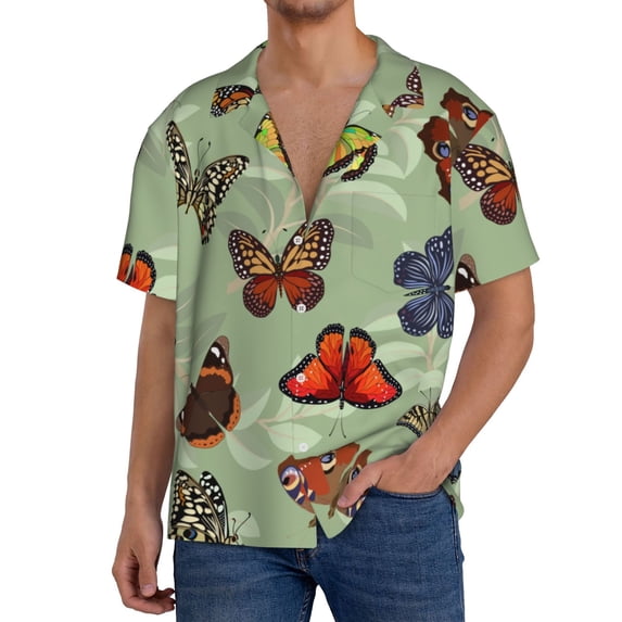 Fuzoiu Multicolored Butterflies Print Men's Casual Short,Men's Short Sleeve Shirt,Mens Casual Button Down Shirts,Cuban Collar Summer Shirt for Beach, Vacation, and Outdoor Activities-Medium