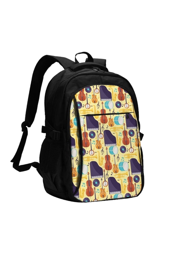 Musical Instruments Print USB Backpack with Charging Port,Laptop Backpack,Business Travel Durable Laptops Backpack, for School, Work, Travel & Outdoor Activities