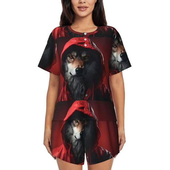 Fuzoiu Mysterious Hooded Wolf Print Women's Short-Sleeved Pajama Set,Lounge Sleepwear Set,Womens Pajama Sets 2 Piece,Button-Up Top and Shorts with Pockets-Large