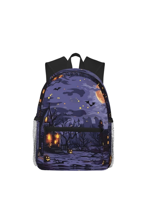 Mystery House Halloween Night Print School Backpack for Teens,Large Bookbag,Lightweight Laptop Bag for Travel, Work, School & Outdoor Adventures