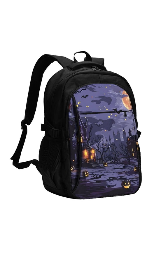 Mystery House Halloween Night Print USB Backpack with Charging Port,Laptop Backpack,Business Travel Durable Laptops Backpack, for School, Work, Travel & Outdoor Activities