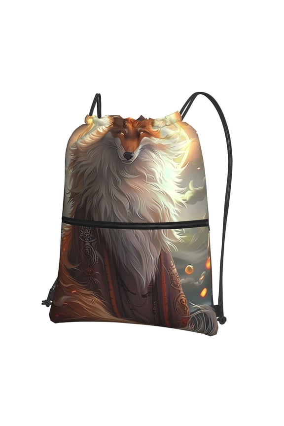 Mystic Fox With Halo Print Drawstring Backpack Water Resistant String Bag Sports Sackpack Gym Sack for Men Women