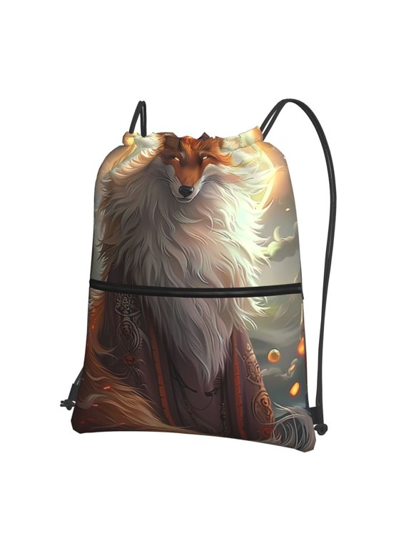 Mystic Fox With Halo Print Drawstring Backpack Water Resistant String Bag Sports Sackpack Gym Sack for Men Women
