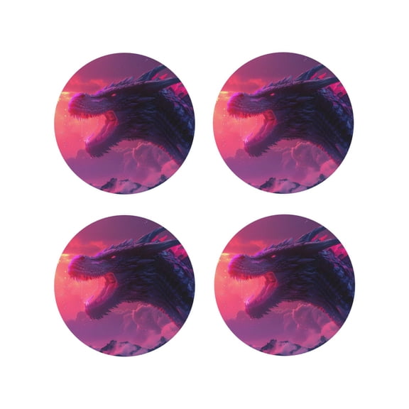 Fuzoiu Mystical Dragon Under Moon Print Leather Coasters Set,Drink Coasters Set of 4,for Tabletop Protection, Durable PVC Coasters,Home Décor and Housewarming Gift-Round Shape
