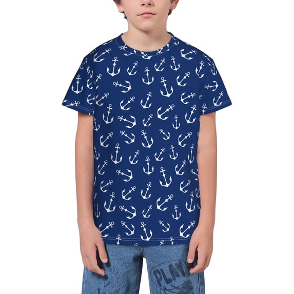 Fuzoiu Nautical Anchors Print Youth Short Sleeve T-Shirt,Youth Dry-Fit Active Athletic T-Shirt,Short Sleeve Tops Tees for School, Sports, and Casual Wear
