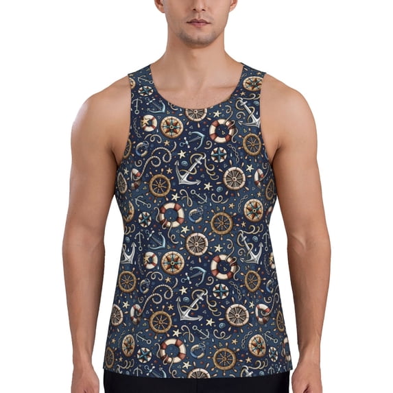 Fuzoiu Nautical Print Men's Workout Tank Tops,Sleeveless Gym Shirt Quick Dry,Fitness Bodybuilding T-Shirt,Muscle Athletic Workout Tee-X-Large