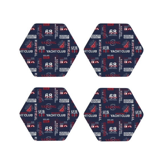 Fuzoiu Nautical Style Sailboat Print Leather Coasters Set,Drink Coasters Set of 4,for Tabletop Protection, Durable PVC Coasters,Home Décor and Housewarming Gift-Hexagon