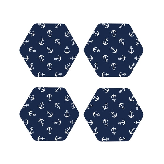 Fuzoiu Nautical Themed Simple Anchors Print Leather Coasters Set,Drink Coasters Set of 4,for Tabletop Protection, Durable PVC Coasters,Home Décor and Housewarming Gift-Hexagon