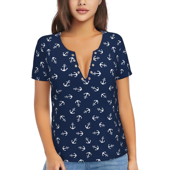 Fuzoiu Nautical Themed Simple Anchors Print Women's V-Neck T-Shirt,Women's Short Sleeve Top, Comfortable for Work, Leisure, and Sports