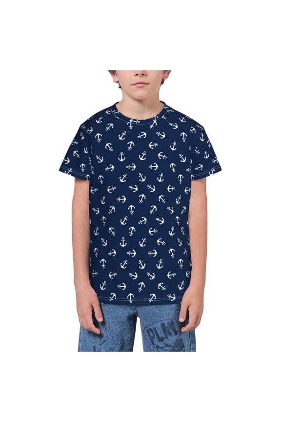 Nautical Themed Simple Anchors Print Youth Short Sleeve T-Shirt,Youth Dry-Fit Active Athletic T-Shirt,Short Sleeve Tops Tees for School, Sports, and Casual Wear