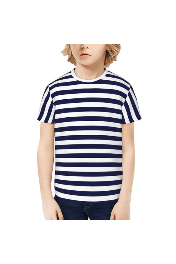 Navy Blue And White Stripes Print Boys' Casual T-Shirt,Crewneck Undershirts,Boys Athletic Shirt,Short Sleeve T-Shirts for Outdoor Play