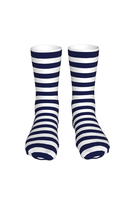 Navy Blue And White Stripes Print Crew Socks,Casual Athletic Gym LightWeight Thin Socks,Casual Crew Socks for Men Woman,Calf Length Crew Socks