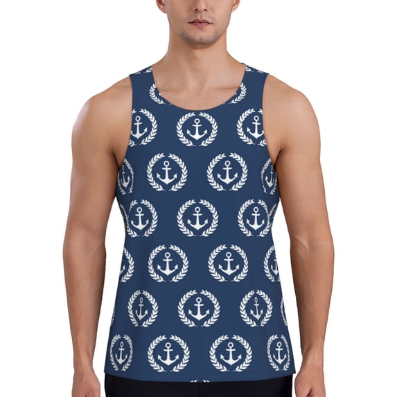 Fuzoiu Navy Nautical Print Men's Workout Tank Tops,Sleeveless Gym Shirt Quick Dry,Fitness Bodybuilding T-Shirt,Muscle Athletic Workout Tee-X-Large