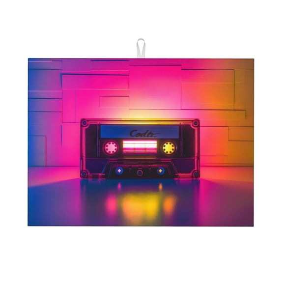 Fuzoiu Neon Cassette Tape Print Absorbent, Reversible Microfiber Dish Drying Mat for Kitchen, Dish Drying Pad for Dishes, Utensils, Pots and Pans, Extra Large 18 Inch x 24 Inch