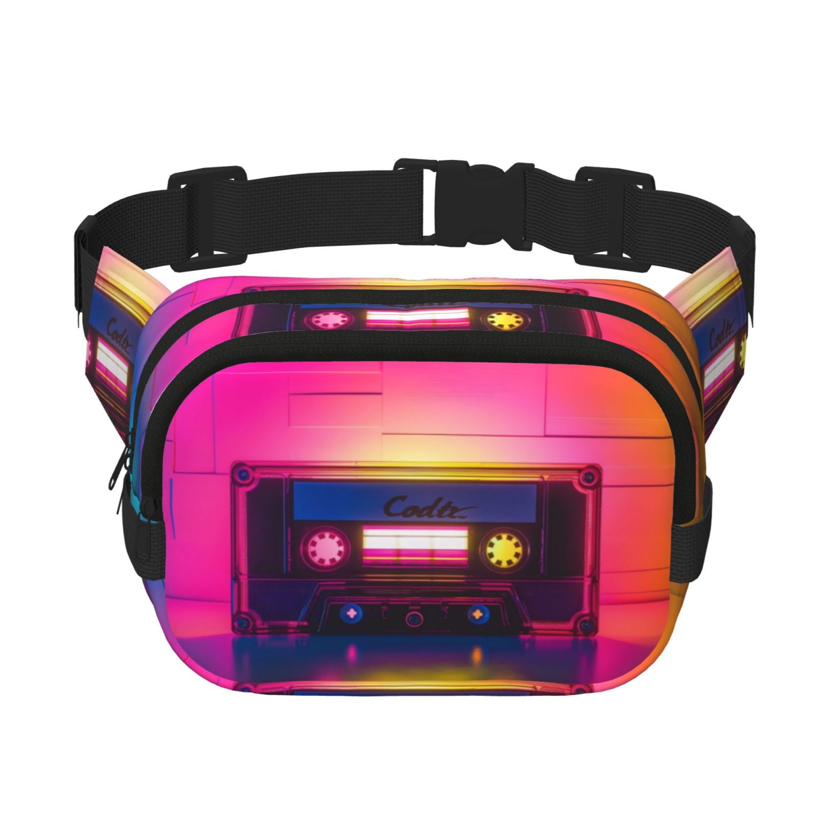 Fuzoiu Neon Cassette Tape Print Unisex Square Double Layer Waist Bag,Crossbody Fanny Pack Travel Workout Accessory