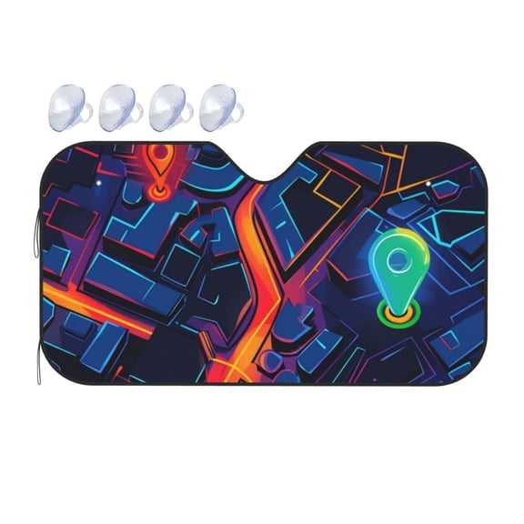 Fuzoiu Neon City Map Print Car Windshield Sunshade,Foldable Reflective Sun Visor,Windshield Sun Shade,UV Rays Sun Visor Shade,Auto Front Sun Shield Shade-Medium