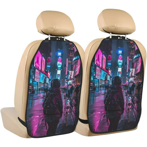Fuzoiu Neon Night Cityscape Print 2 Pack Kick Mat Back Seat Protector With 3 Storage Pockets, Universal Car Seat Back Organizer For Kids Pets, Waterproof Backseat Protector For Most Car