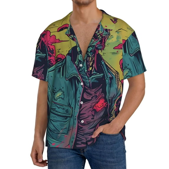 Fuzoiu Neon Zombie Skull Print Men's Casual Short,Men's Short Sleeve Shirt,Mens Casual Button Down Shirts,Cuban Collar Summer Shirt for Beach, Vacation, and Outdoor Activities-3X-Large