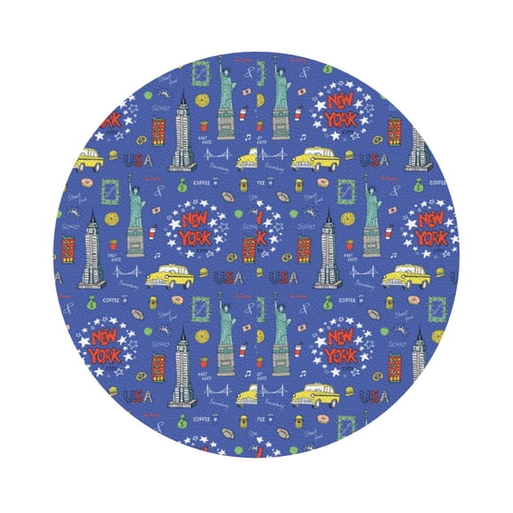 Fuzoiu New-York City Print Leather Coasters Set,Drink Coasters Set of 6,for Tabletop Protection, Durable PVC Coasters,Home Décor and Housewarming Gift,Round Shape