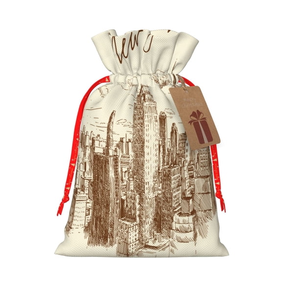 Fuzoiu New York Print Christmas Gift Bag,Burlap Gift Bag with Drawstring Closure & Hang Tag,Perfect for Holidays, Birthdays, and Special Occasions-Small
