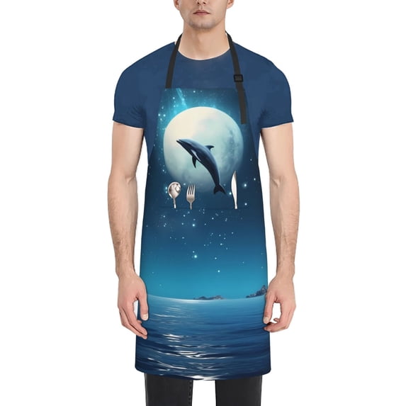 Fuzoiu Night Sky Moon Dolphin Print Adjustable Waterproof Apron with Pockets,Waterproof Apron for Cooking, Gardening, and Art Projects