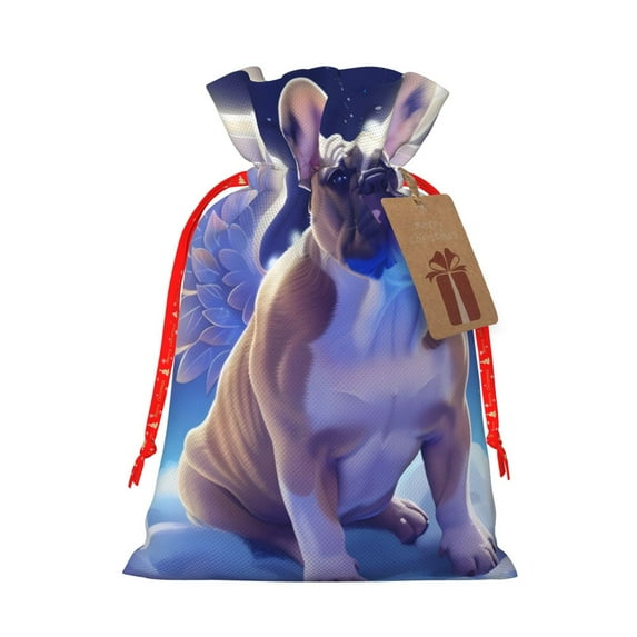Fuzoiu Night Sky Winged French Bulldog Print Christmas Gift Bag,Burlap Gift Bag with Drawstring Closure & Hang Tag,Perfect for Holidays, Birthdays, and Special Occasions-Small
