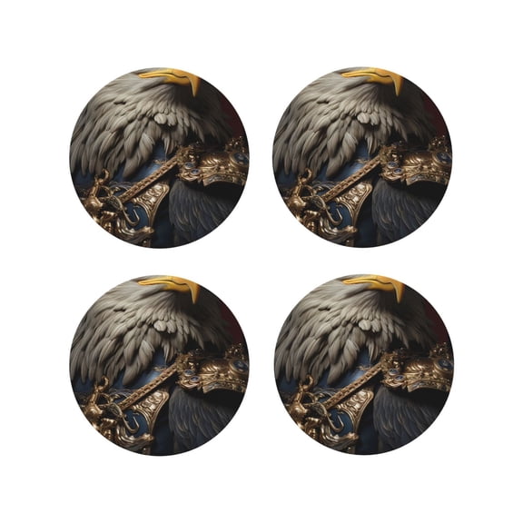 Fuzoiu Noble Style Bald Eagle Print Leather Coasters Set,Drink Coasters Set of 4,for Tabletop Protection, Durable PVC Coasters,Home Décor and Housewarming Gift-Round Shape
