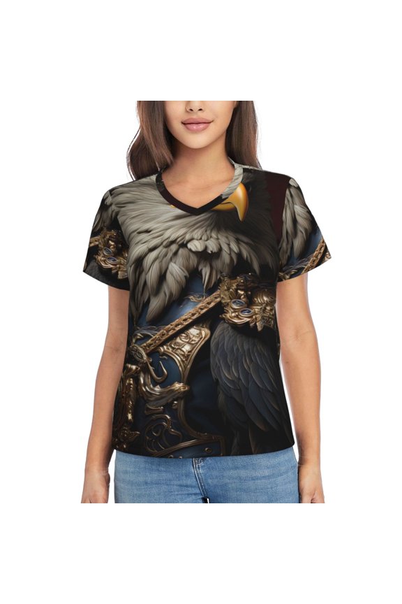 Noble Style Bald Eagle Print Women's Classic V-Neck T-Shirt, Short Sleeve V Neck Tees for Casual Everyday Wear,Casual Fit Tee,Summer Fashion Tops-Small
