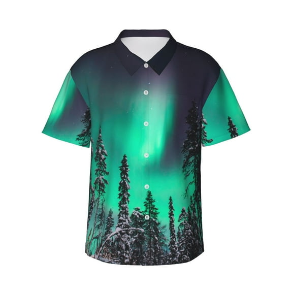 Fuzoiu Northern Lights 2 Print Hawaiian Shirt for Men, Summer Beach Casual Short Sleeve Button Down Shirts, Men’s Beach Summer Shirts with Pocket,X-Large