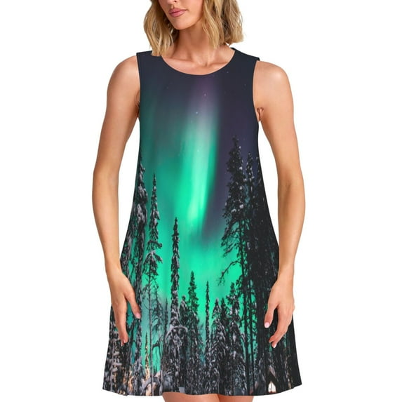 Fuzoiu Northern Lights 2 Print Women's Sleeveless Dress,Summer Dresses for Women,Casual Sundresses,Beach Sleeveless T-shirt Swing Dress with Pockets