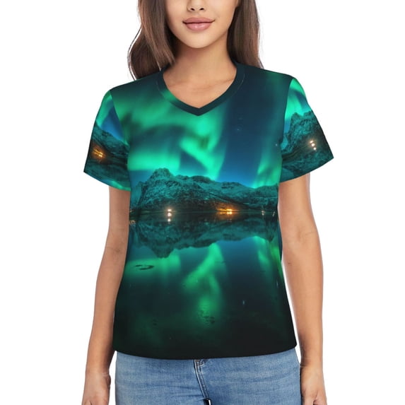 Fuzoiu Northern Lights Print Women's Classic V-Neck T-Shirt, Short Sleeve V Neck Tees for Casual Everyday Wear,Casual Fit Tee,Summer Fashion Tops-Small