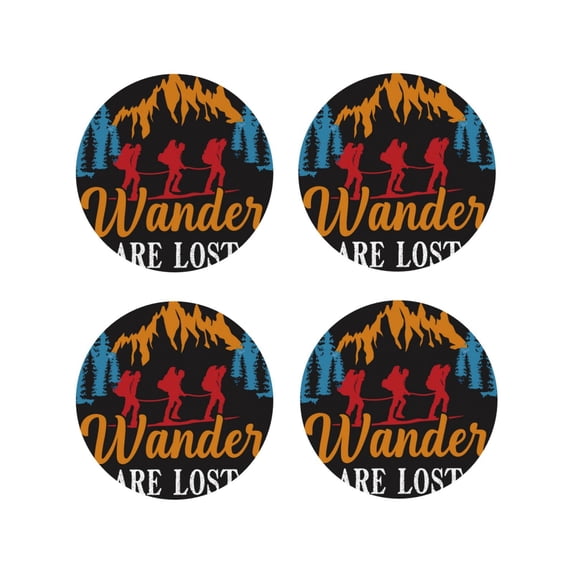 Fuzoiu Not All Who Wander Are Lost Hiking Print Leather Coasters Set,Drink Coasters Set of 4,for Tabletop Protection, Durable PVC Coasters,Home Décor and Housewarming Gift-Round Shape